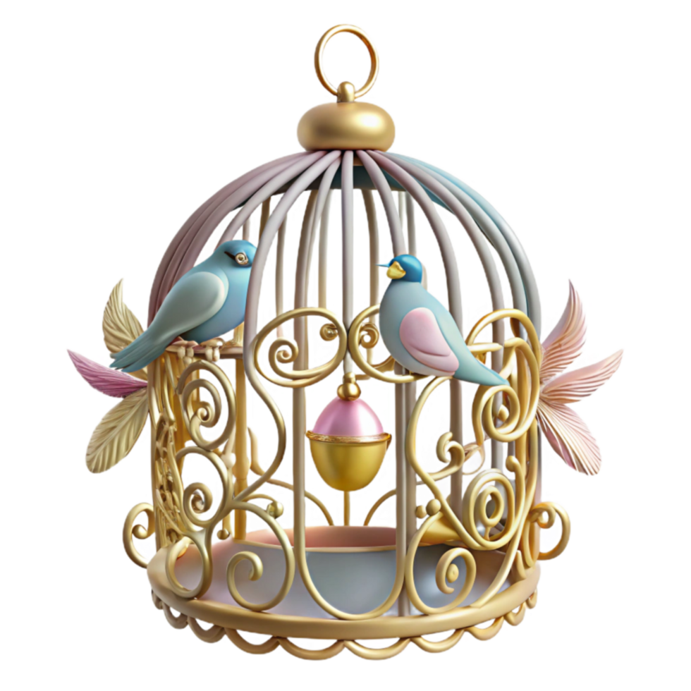 Ornate Birdcage with Two Birds Decorative Home Decor png