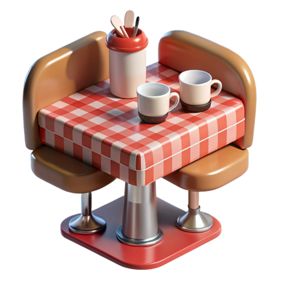 Cozy Table Setting Red Gingham Tablecloth, Coffee Cups, Utensils png