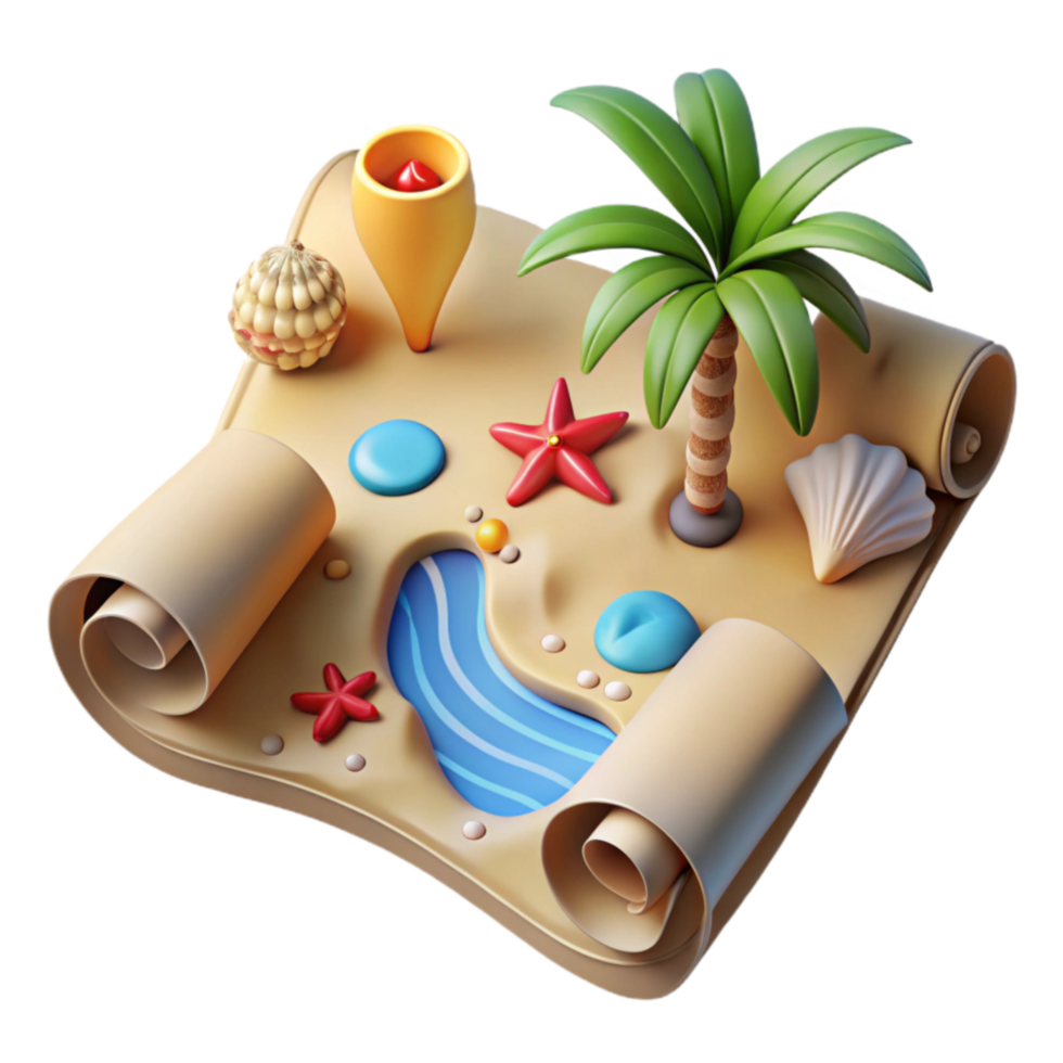 Tropical Island Treasure Map 3D Render png