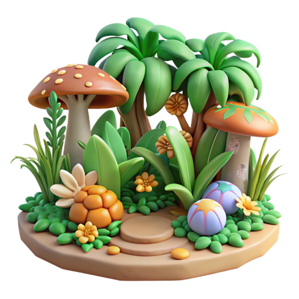Enchanted 3D Forest Scene Mushrooms, Palm Trees Flowers png