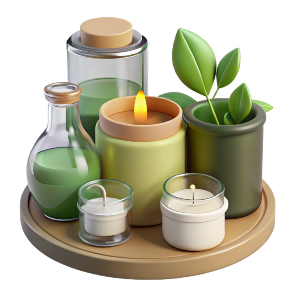 Serene Spa Setting Candles, Oils, and Greenery png
