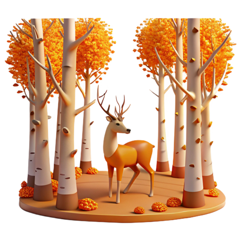 Autumn Deer in Birch Forest 3D Render png