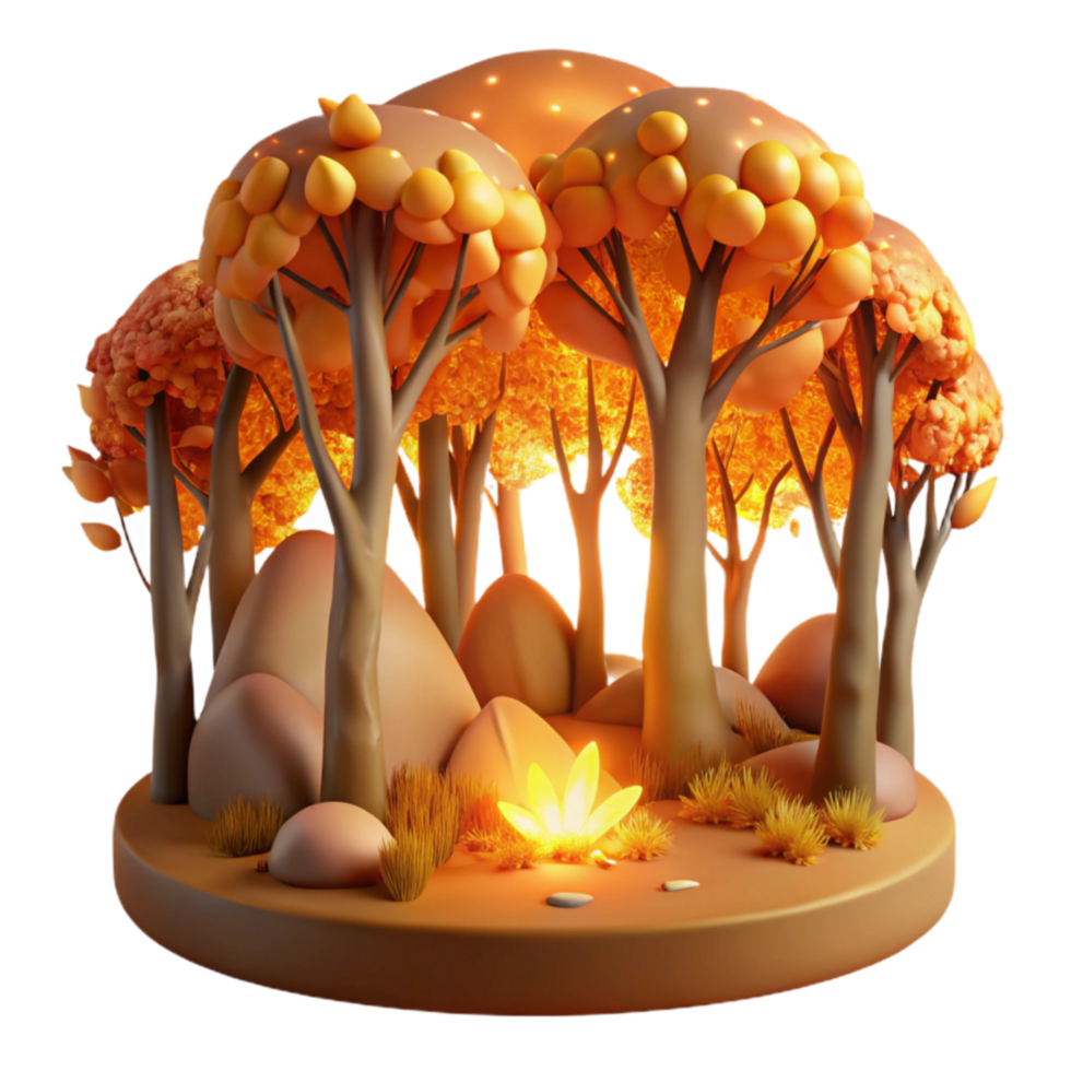 Enchanted Autumn Forest 3D Render of Illuminated Trees and Rocks png