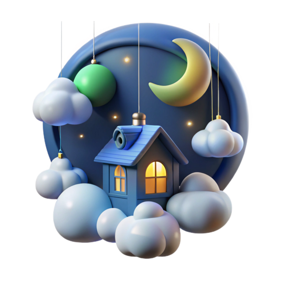 Night Sky House 3D Render of Cute Home among Clouds and Moon png