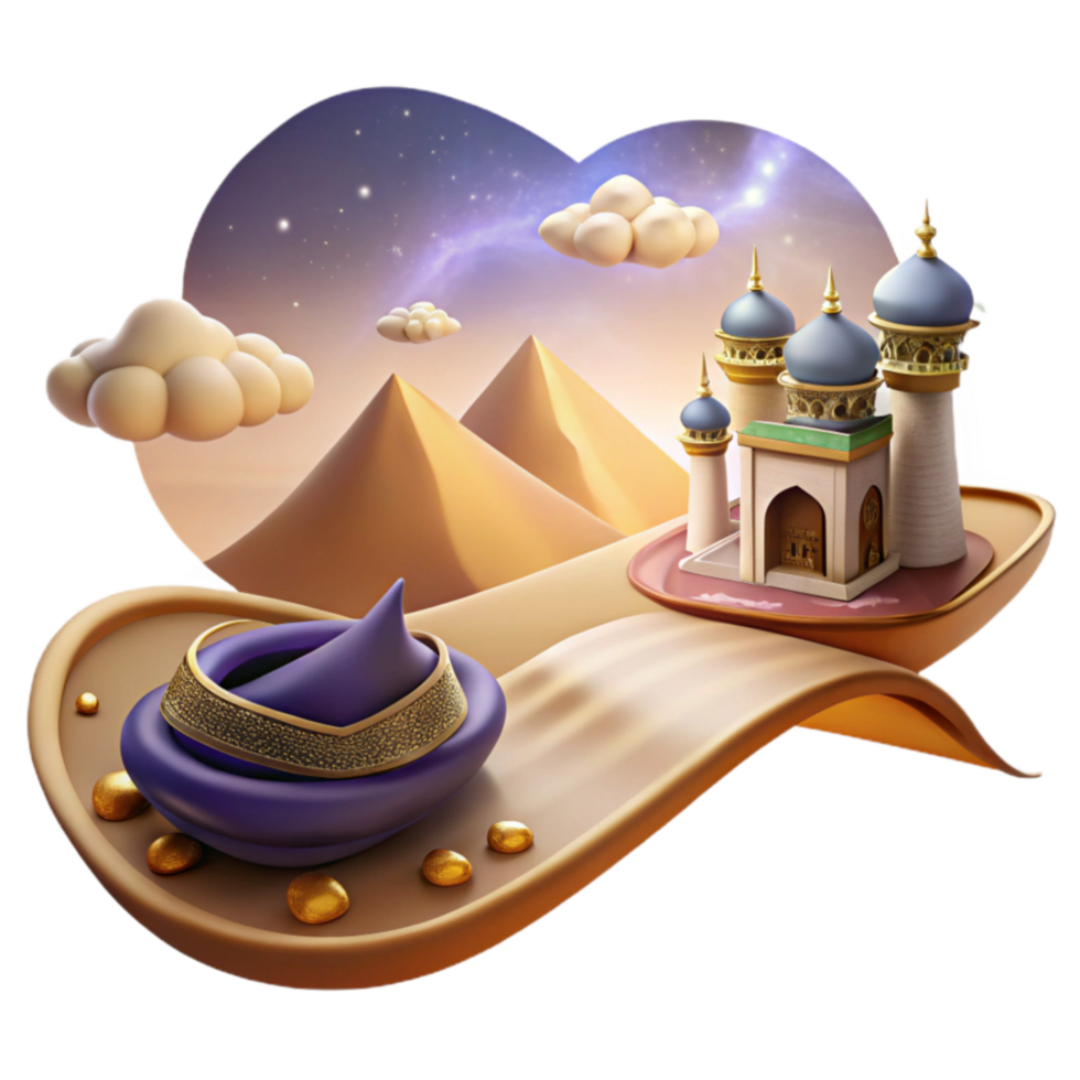 Desert Palace, Pyramids, Magical Carpet 3D Render png