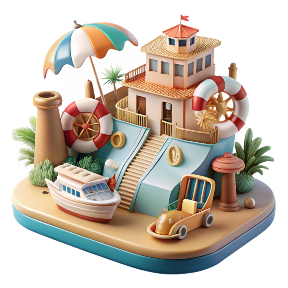 Whimsical Summer Seascape Island House, Boat, and Toys png