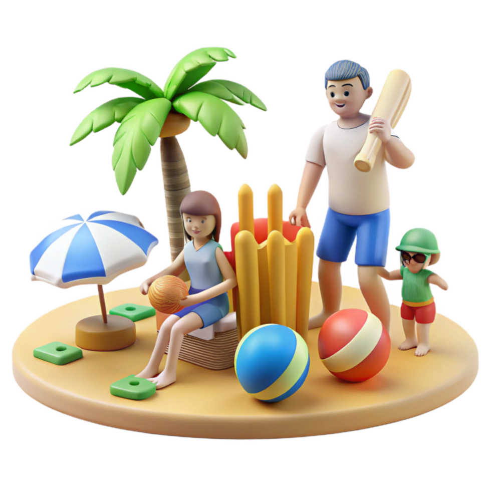 Family Beach Day Fun 3D Render of Summer Vacation png