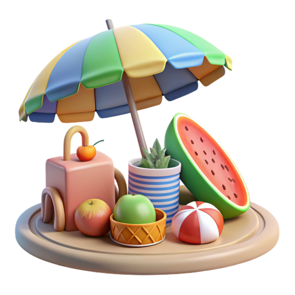 Summer Fruit Scene 3D Render of Beach Umbrella, Watermelon, and More png