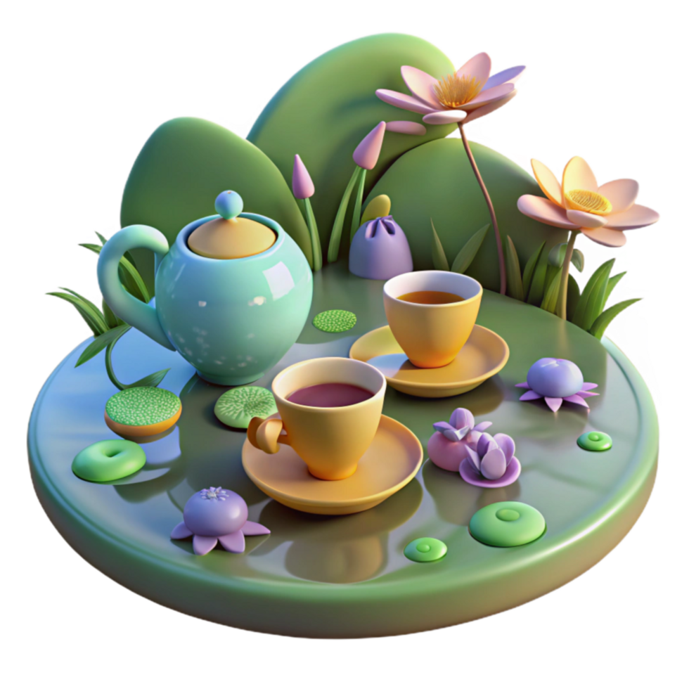Tea Time in a Tranquil Garden A 3D Render png