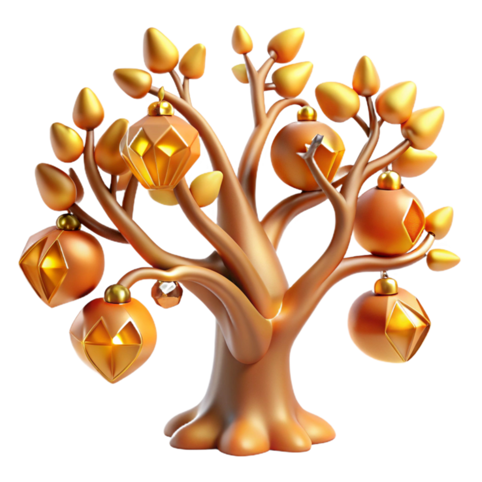 Golden Ornament Tree 3D Render of Festive Decor png