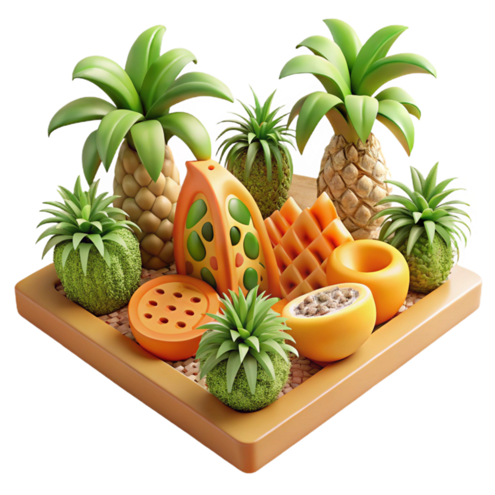 Tropical Fruit Arrangement A 3D Render of Exotic Pineapple, Papaya, and Mango png