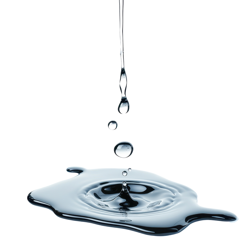 Water spill droplets create a clear puddle on a Transparent background with dynamic reflections and shapes, Water spill puddle and droplets isolated on png