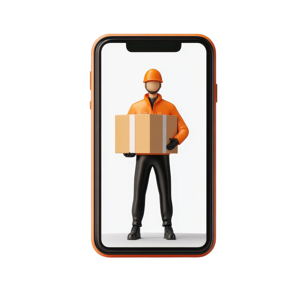 Delivery person posing with a box on a smartphone against a Transparent background, background a delivery person with a box on a smartphone screen on isolated png