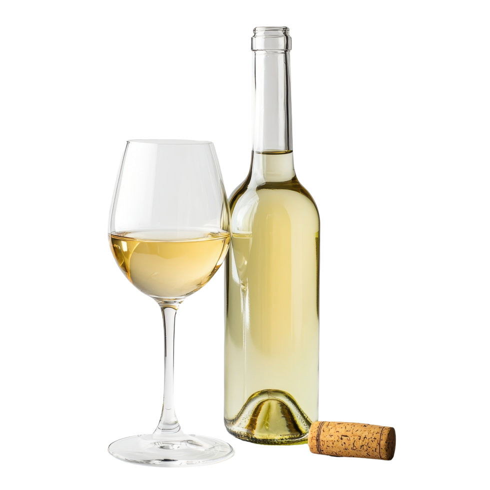 Elegant white wine bottle with glass and cork against a clean Transparent background, White wine bottle and glassand cork, background png