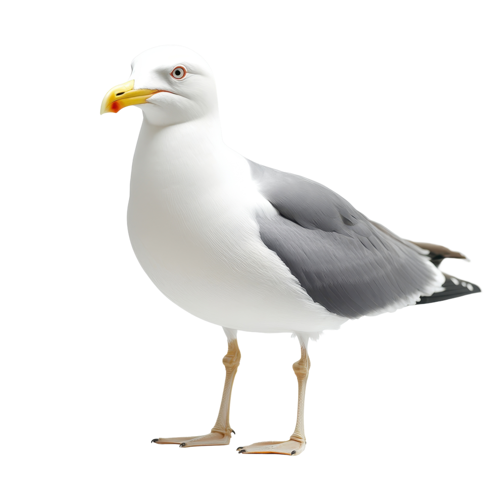 Seagull standing on a white surface with a prominent yellow bill in a bright indoor setting, seagull standing on a white surface with a yellow beak, Transparent background png