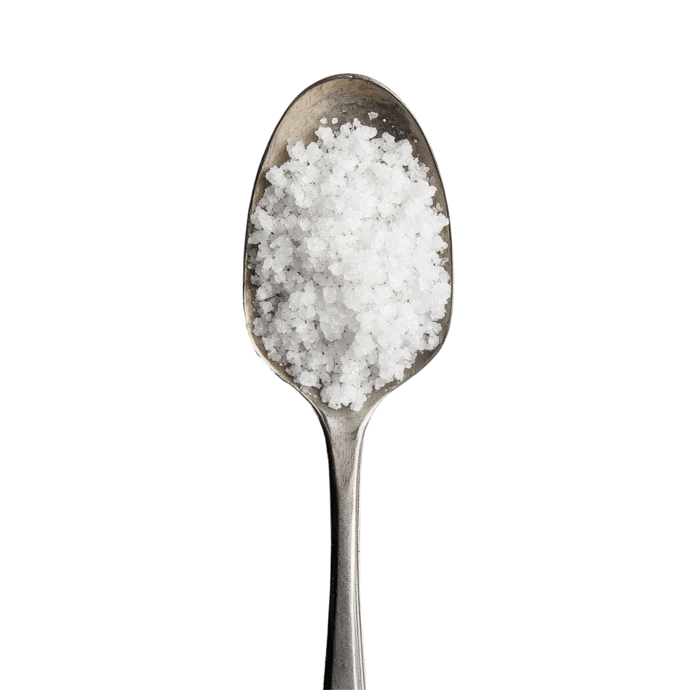 Close-up view of a spoon filled with coarse salt on a clean Transparent background showcasing its texture and purity, Spoon full salt on background png