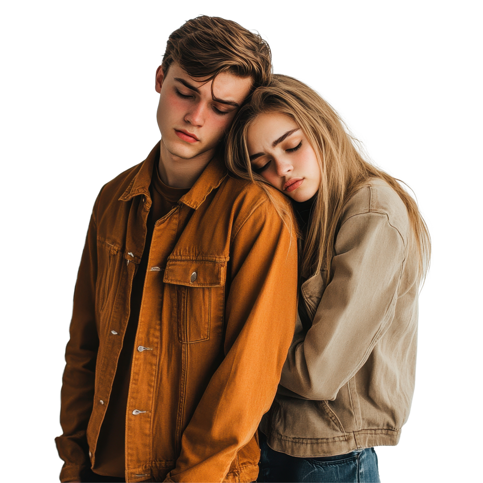 Young couple experiences sadness and isolation in a minimalist setting with a Transparent background, Sad young couple isolated on white png