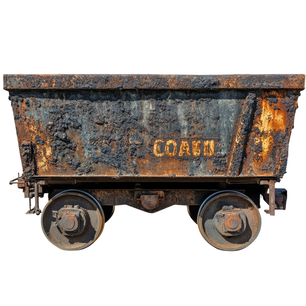 Rusty old train cart displaying coal, reflecting signs of decay and history in an industrial setting, rusty old train cart with coal written on it, Transparent background png