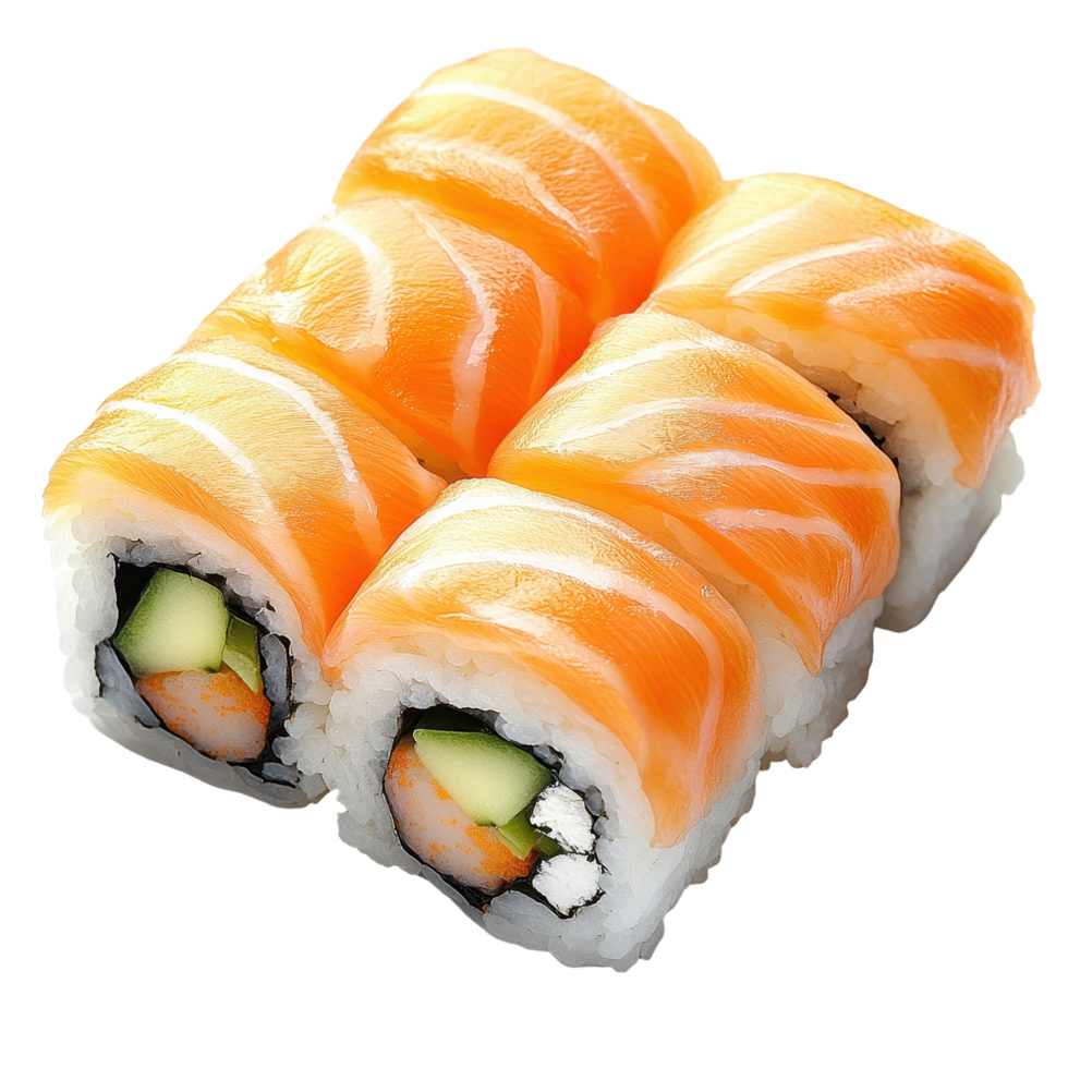 Salmon sushi roll with fresh ingredients served on a Transparent background for culinary enthusiasts, Salmon sushi roll isolated on png