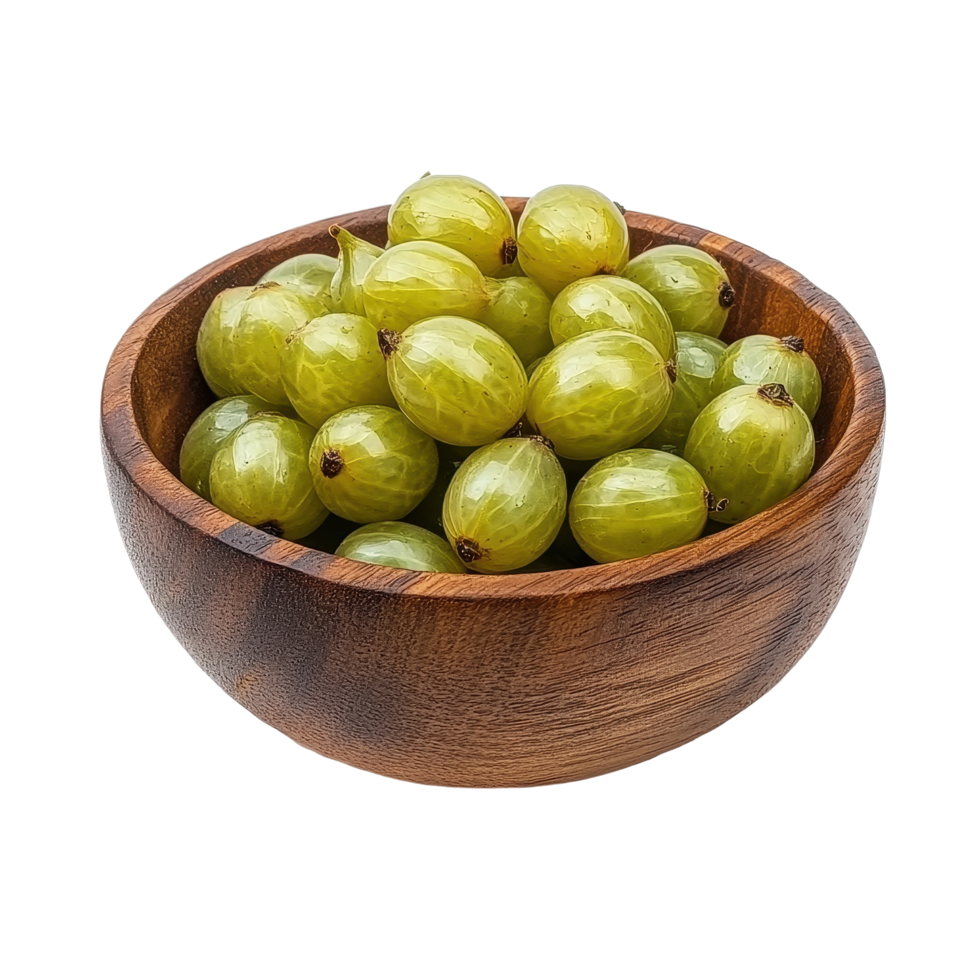 Star gooseberries in a wooden bowl displayed against a clean Transparent background, Star gooseberry in wood bowl isolated on background png