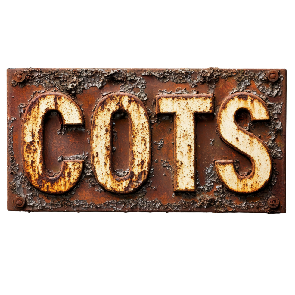 Weathered rusty sign displaying the word cost with white paint on a deteriorated metal background, rusty sign with the word cost painted on it, Transparent background png