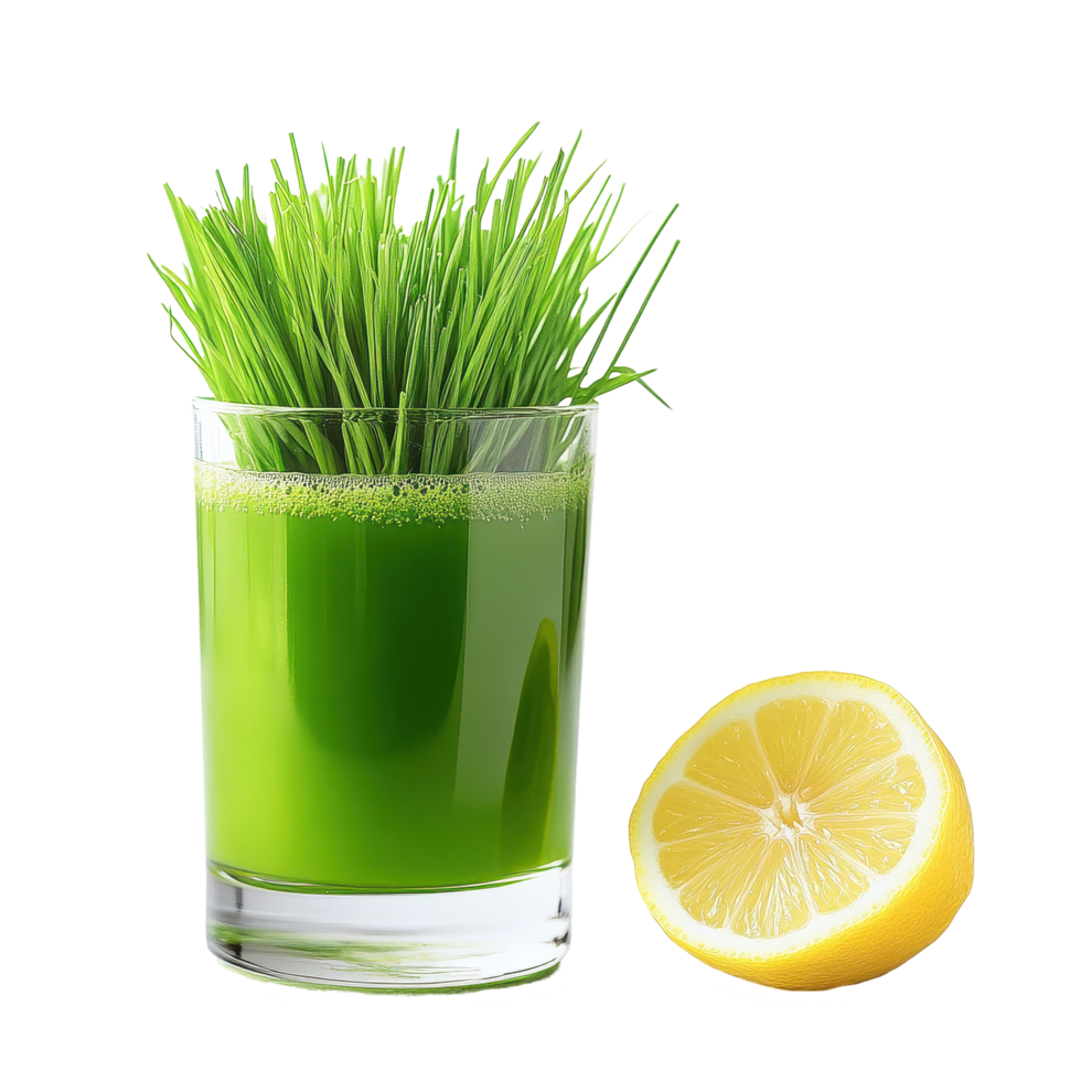 Wheat grass juice with vibrant greens and fresh lemon slice on clean Transparent background, Wheat grass juice with lemon slice in glass on background png
