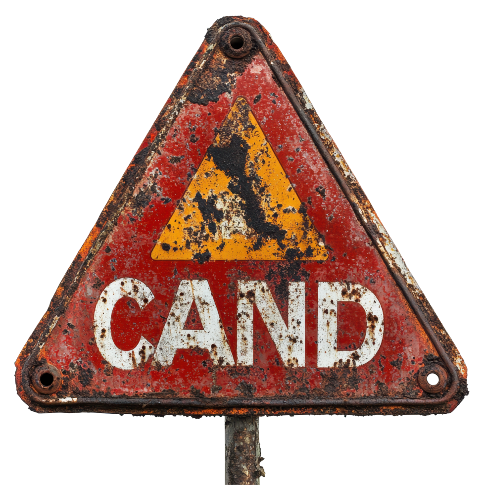 Attention required for rusty red caution sign on a Transparent background indicating potential danger ahead, Rusty Red Caution Sign, background png