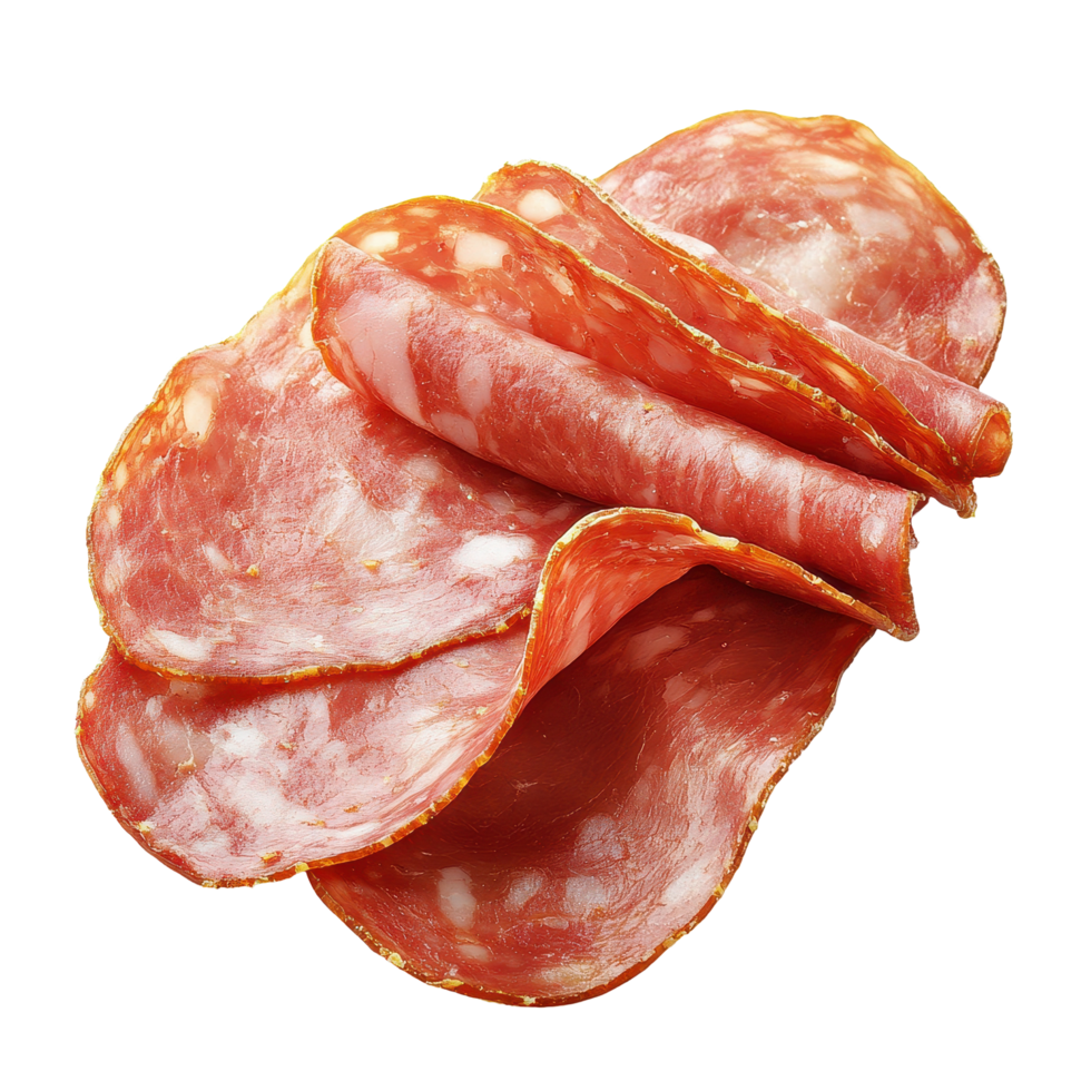 Slices of salami sausage arranged on a clean white surface for culinary use, Salami sausage slices ham isolated on Transparent background, background png