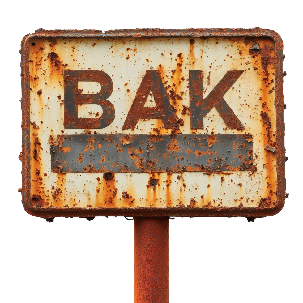 Rusty bank sign with fading letters and weathered surface in a desolate outdoor setting, rusty sign that says bank on it, Transparent background png