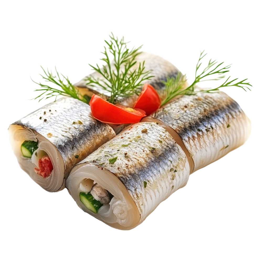 Salted herring rolls beautifully arranged on a Transparent background with fresh herbs and vegetables, Salted herring rolls isolated on png