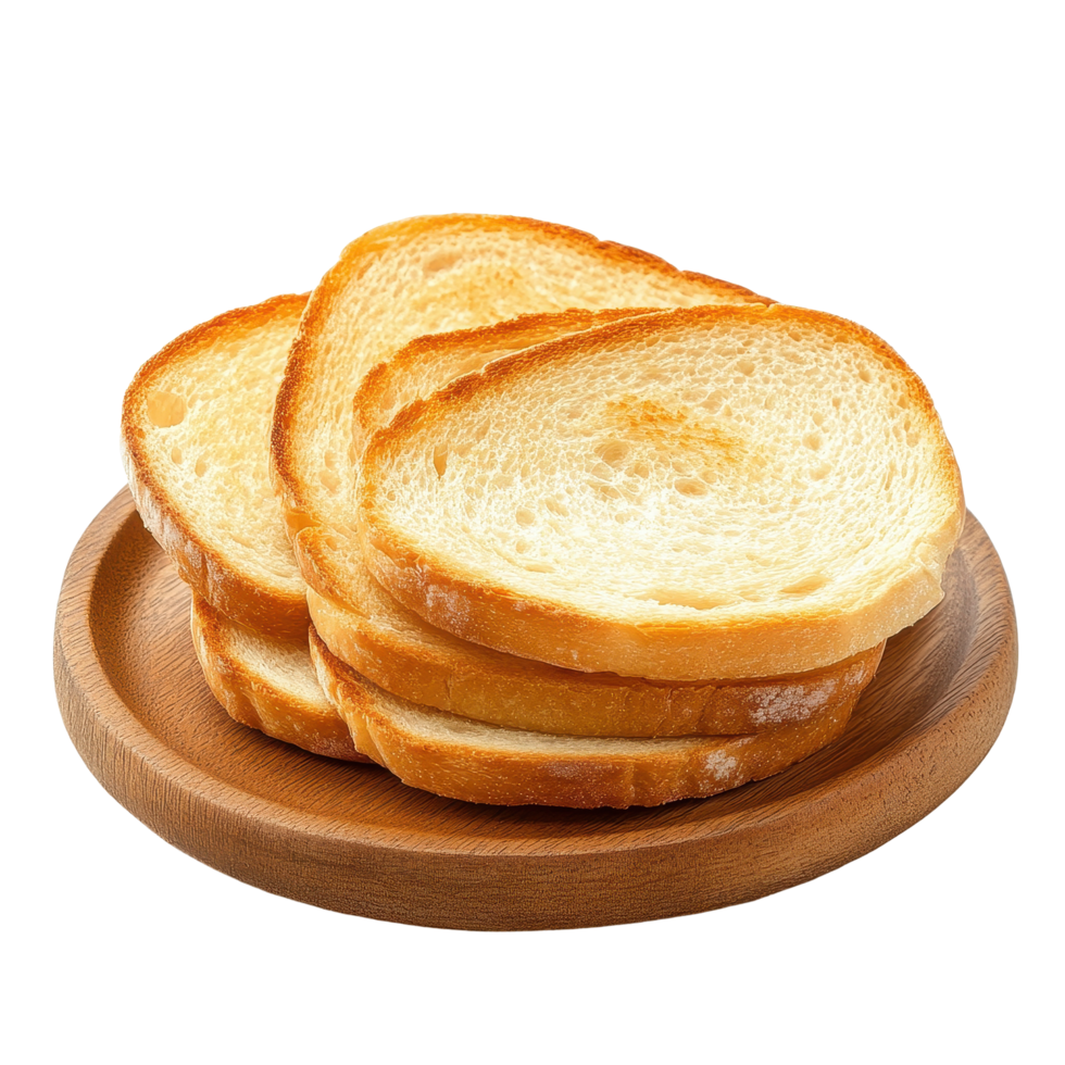 Round toasts of white bread arranged on a wooden plate against a clean Transparent background, Round toasts white bread isolated on png