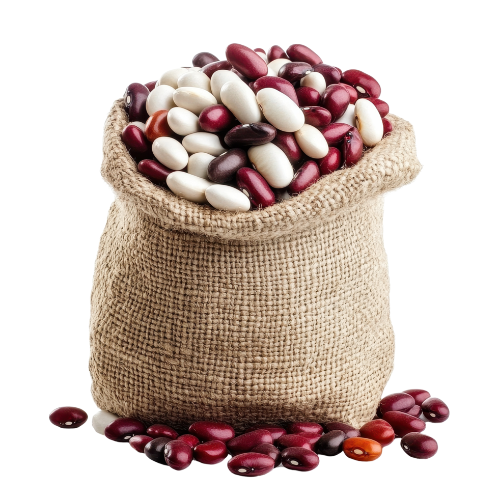 Mixed white and red beans in a sack on a Transparent background showcasing natural food texture and color, White and Red Beans in a Sack isolated on background png