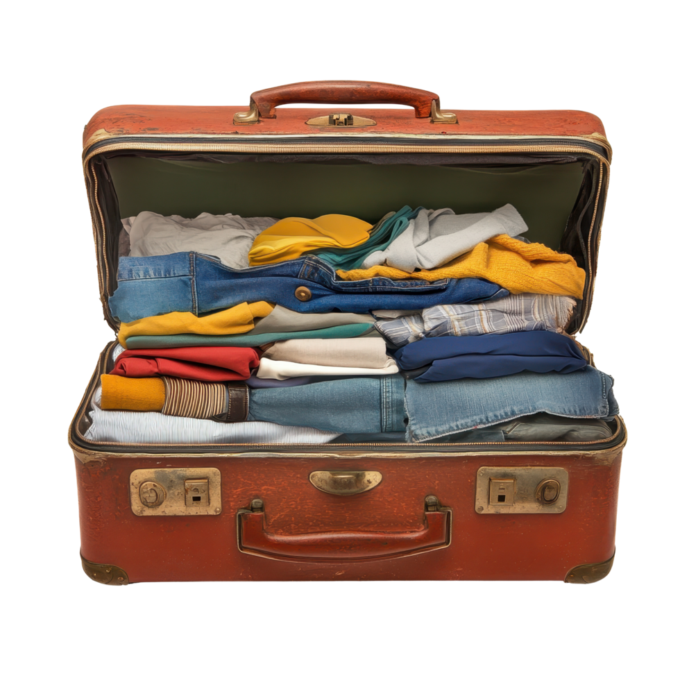 Packed suitcase filled with organized clothes against a plain Transparent background ready for travel, suitcase with a lot clothes inside it, background png