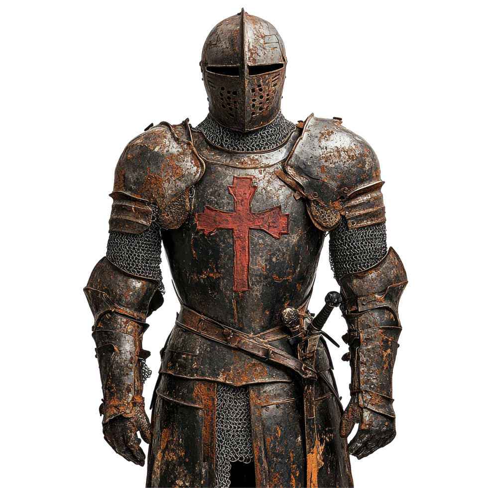 Rusty knights templar armor with equestrian cross on display in weathered condition, Rusty Armor Knights Templar Cross Equestrian Order th Century Military Heritage Medieval Costume, Transparent png