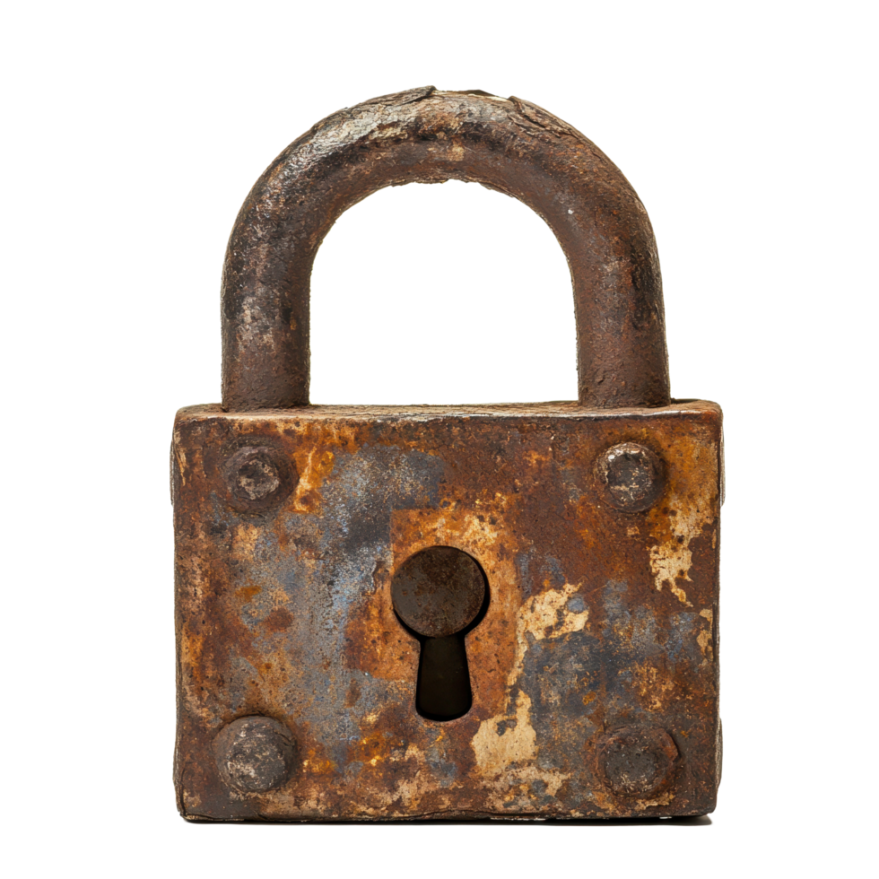 Rusted iron padlock represents timeless security and strength against threats in various environments, Rusted Iron Padlock Timeless Security, Transparent background png
