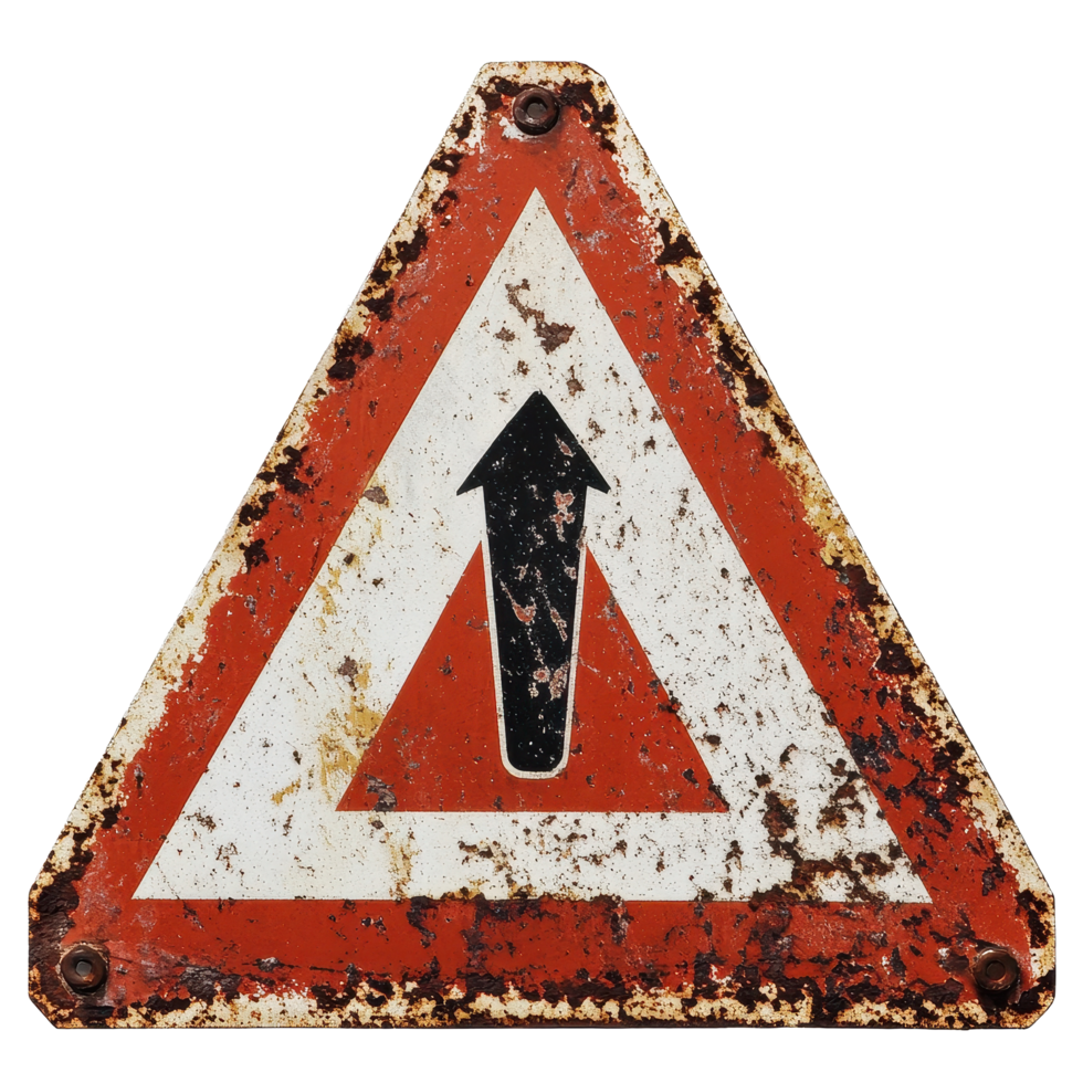 Rusty red caution sign on a Transparent background indicating an upward direction, Rusty Red Caution Sign, background png
