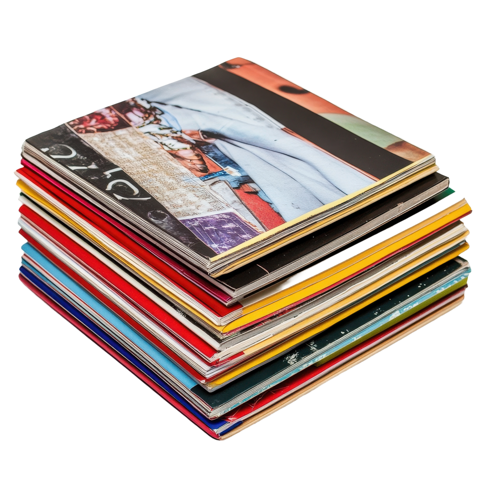 Stacked colorful magazines arranged neatly on a Transparent background for artistic display, Stack magazines on background png