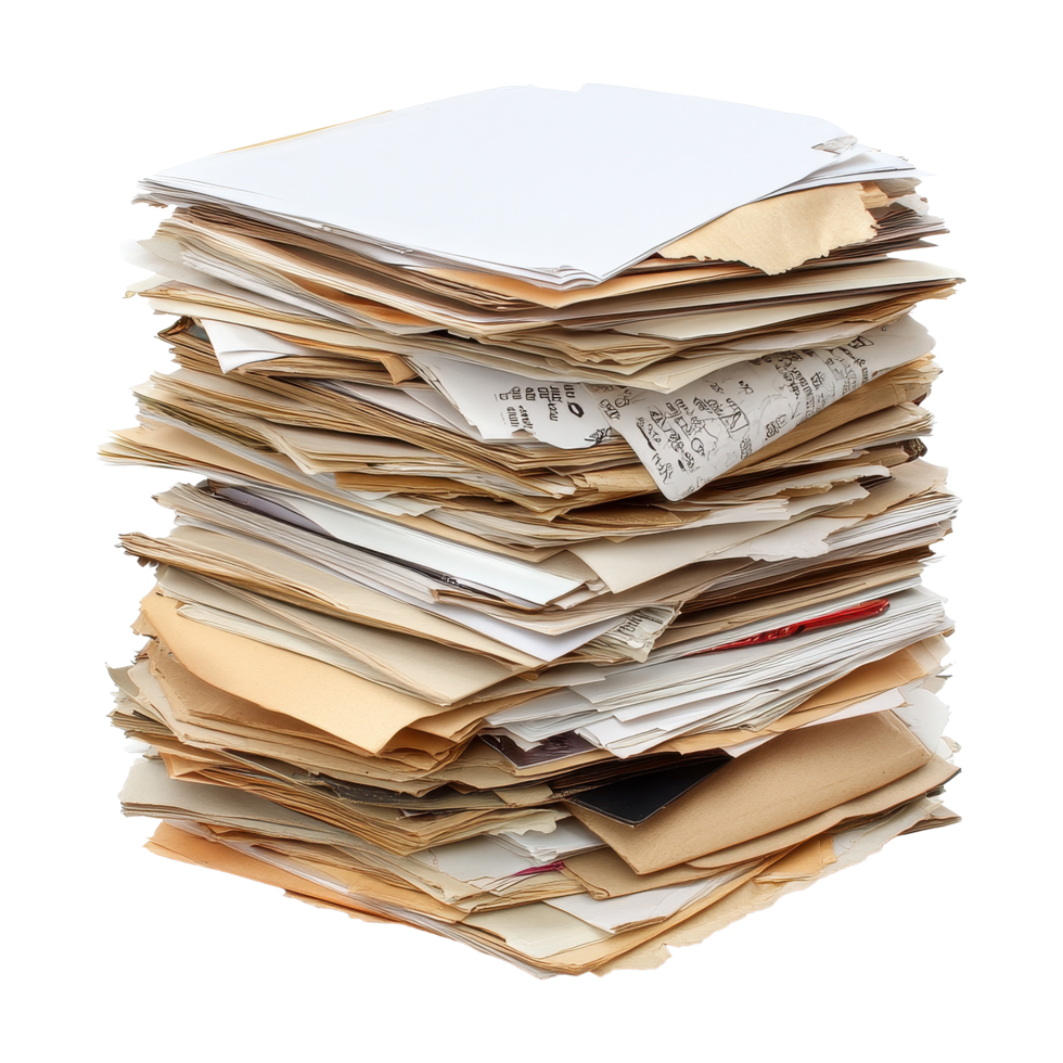 Stack of assorted paper documents and paperwork piled high on a Transparent background, Stack paper documents files paperwork isolated magazines png