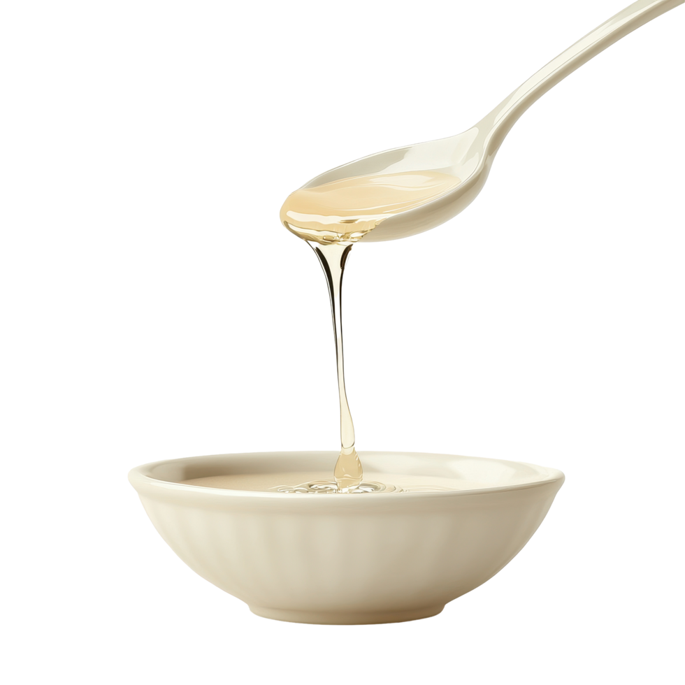 Liquid gently pours from a spoon into a white ceramic bowl creating a peaceful culinary moment, spoon with liquid pouring out it in a bowl, Transparent background png