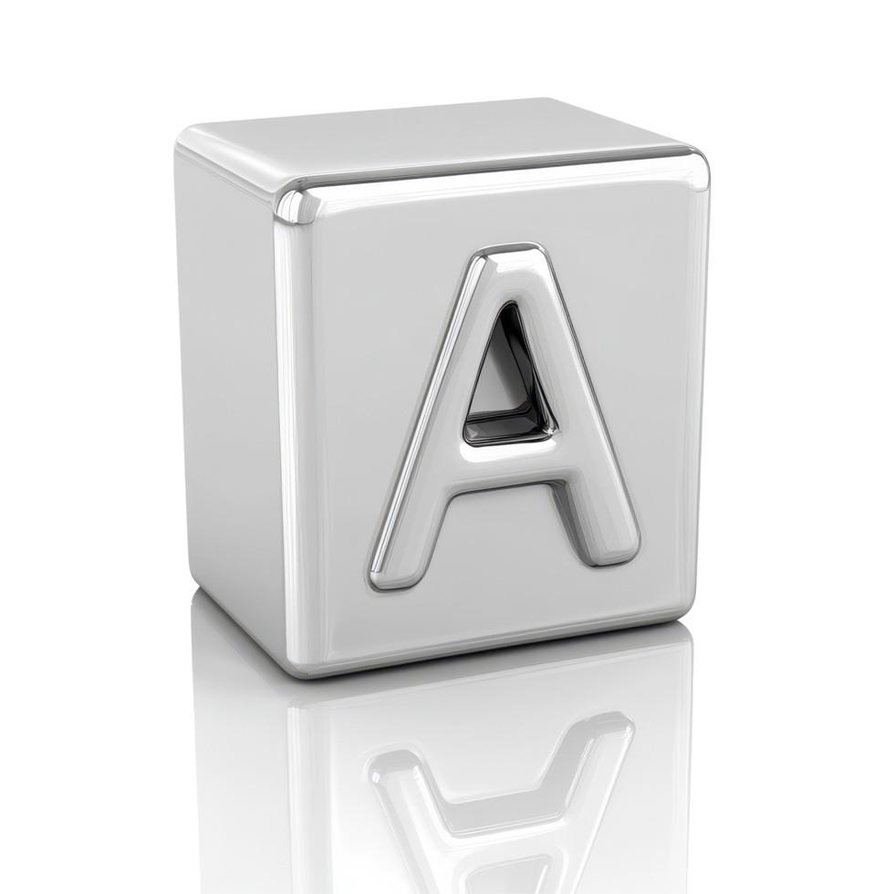 White block letter A isolated with shiny surface on Transparent background for educational and design purposes, White block computer letter isolated on background with reflection, png
