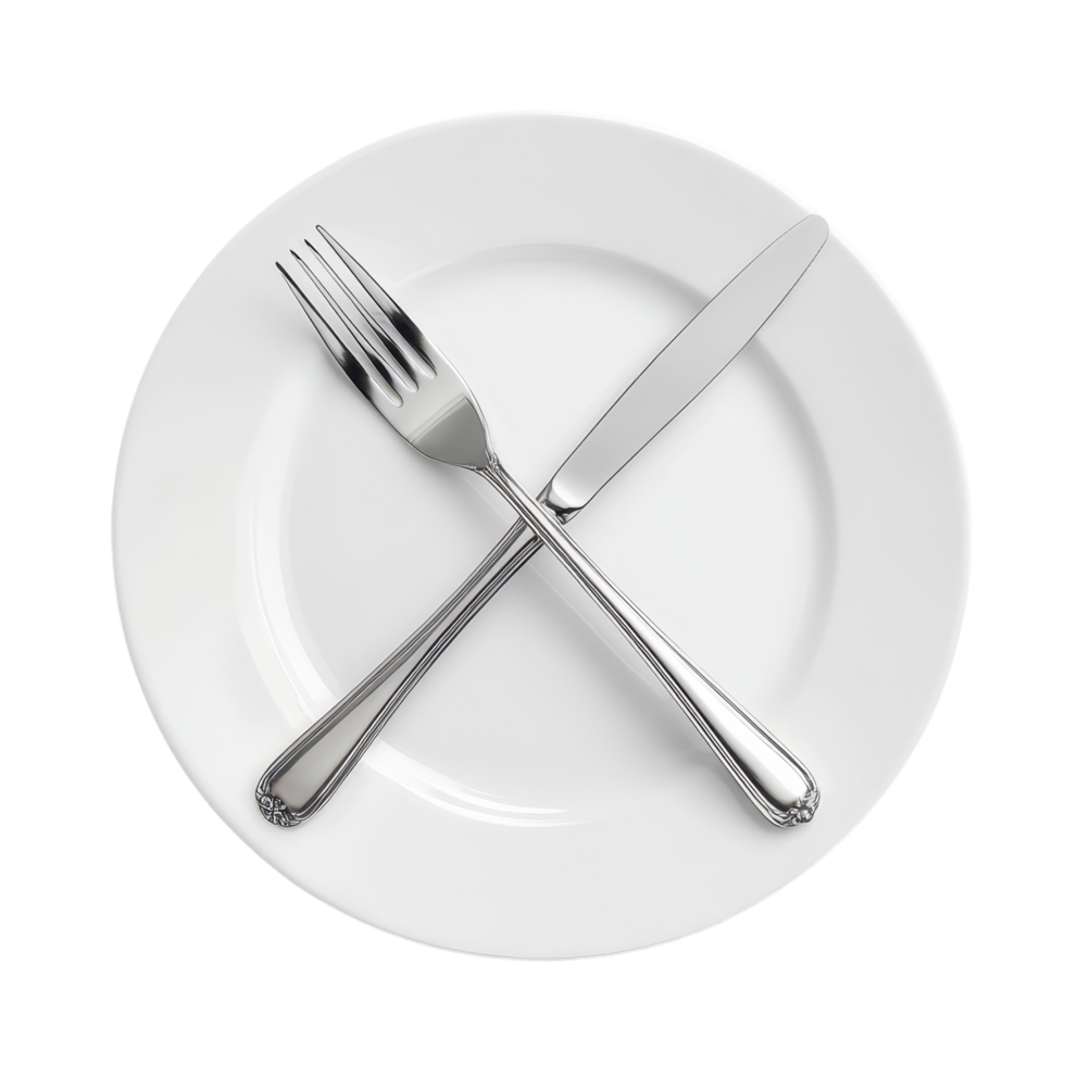 Crossed fork and knife on a white plate ready for dining table setting, Silverware-Crossed Fork and Knife on Plate, Transparent background png