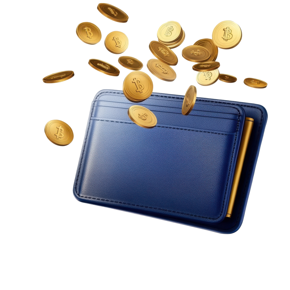 Blue wallet on Transparent background with golden coins flying out, symbolizing digital currency, background a blue wallet with flying golden coins on a transparent background png