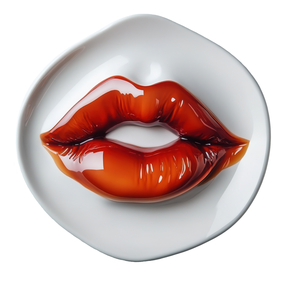 Creative edible art featuring sticky lips on a white plate against a simple background, Sticky Lips An Unusual Edible Art, Transparent background png