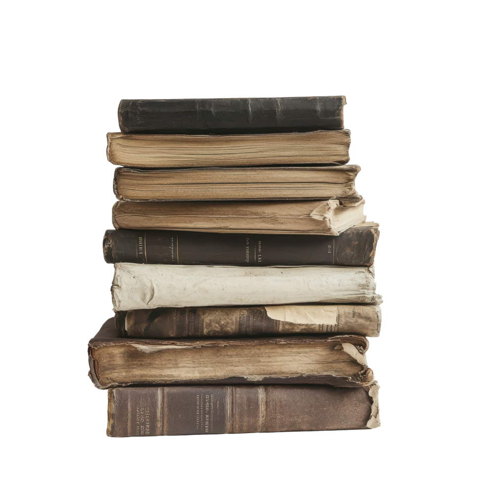 Old vintage books stacked neatly on a white surface against a minimalistic background, stack old books on a white surface, Transparent background png