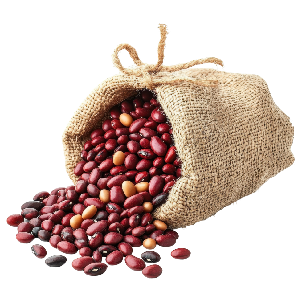 Spilled sack of red and brown beans creating a colorful display on a white surface, Spilled Sack Red and Brown Beans isolated on Transparent background png