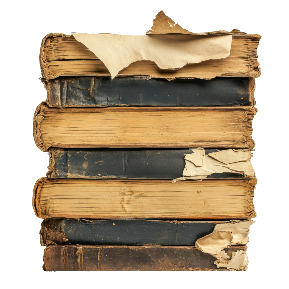 Old stack of worn books with torn pages resting on a Transparent background, showcasing literary history, stack old books with a few pages torn off, background png