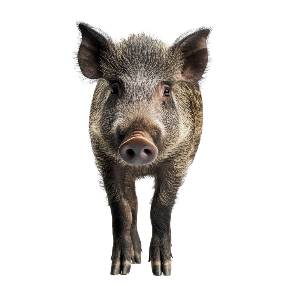 Wild boar stands confidently in front of a Transparent background showcasing its unique features, Wild Boar Standing in Front White Background, background png