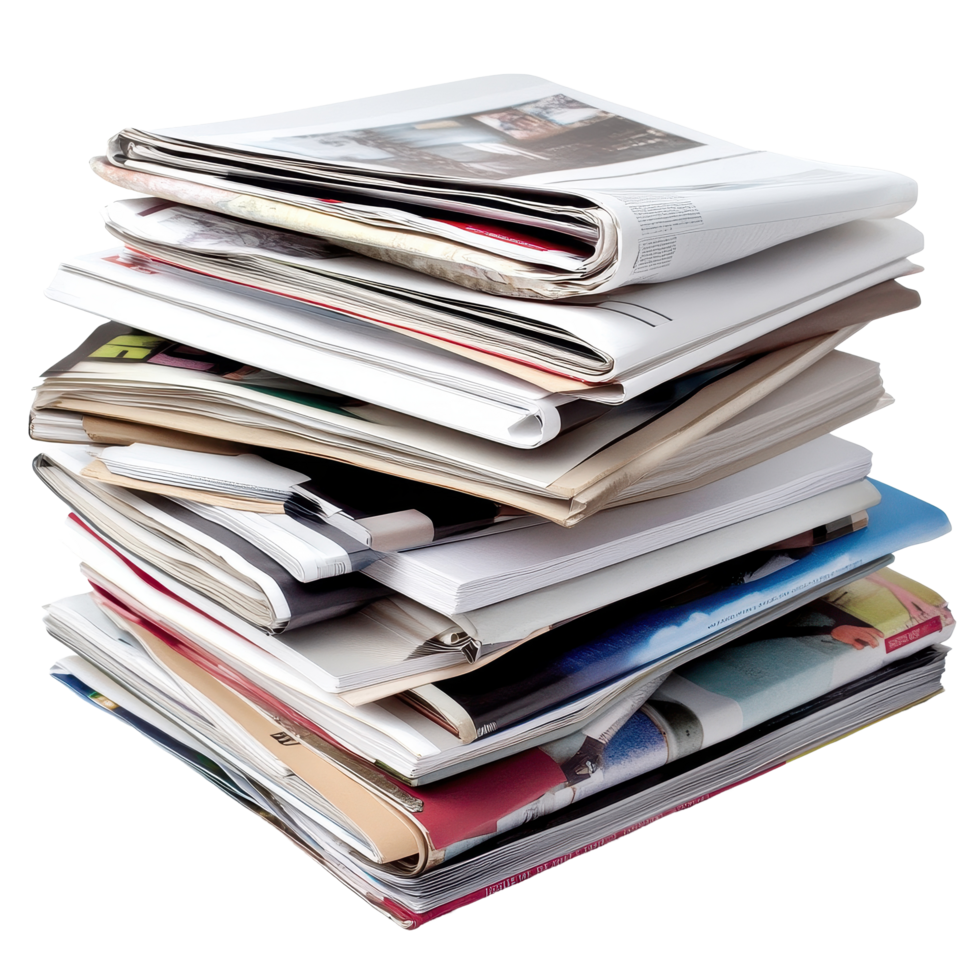 Stacked papers and magazines on a Transparent background showcasing various printed materials and layouts, Stack papers and magazines, background png