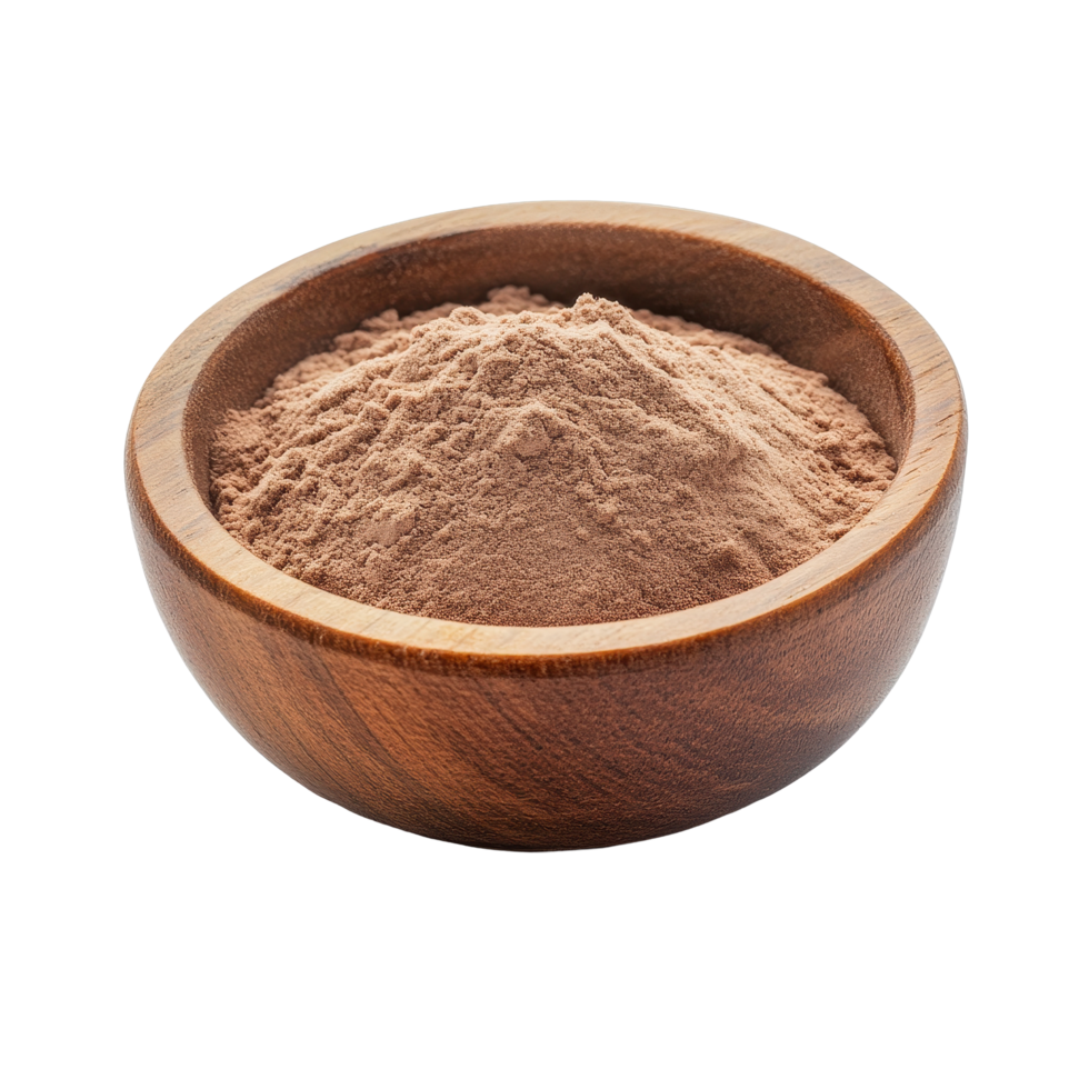 Whey protein powder in a wooden bowl against a Transparent background for healthy nutrition, whey protein in a wood bowlisolated on background png