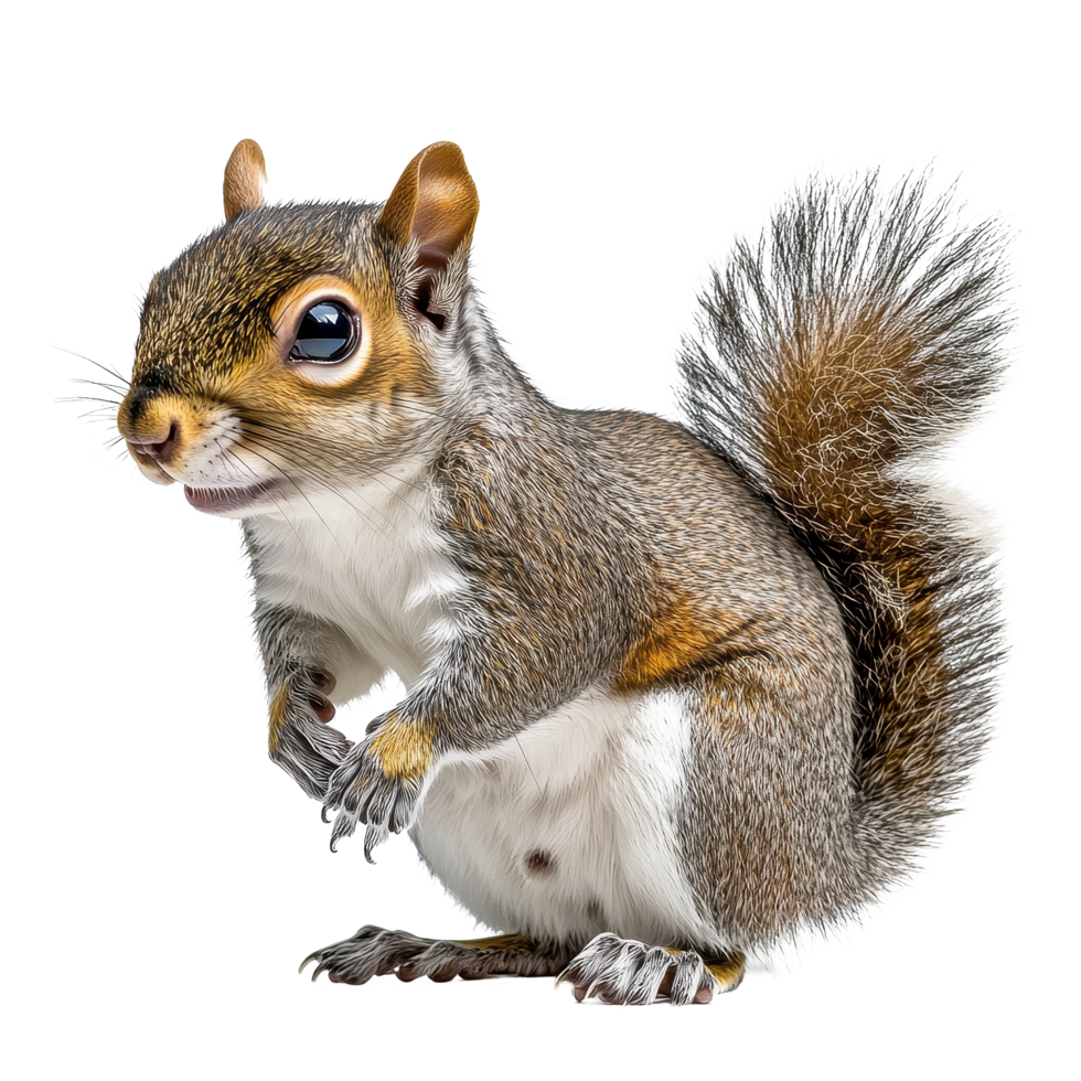 Squirrel stands alert with bright eyes on isolated Transparent background showcasing its natural features and texture, Squirrel on isolated on png